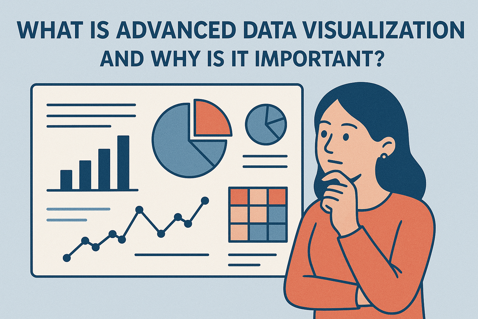 Illustration of a thoughtful woman analyzing various charts and graphs on a large screen, with the title “What is Advanced Data Visualization and Why is it Important?”—highlighting the concept of advanced data visualization.