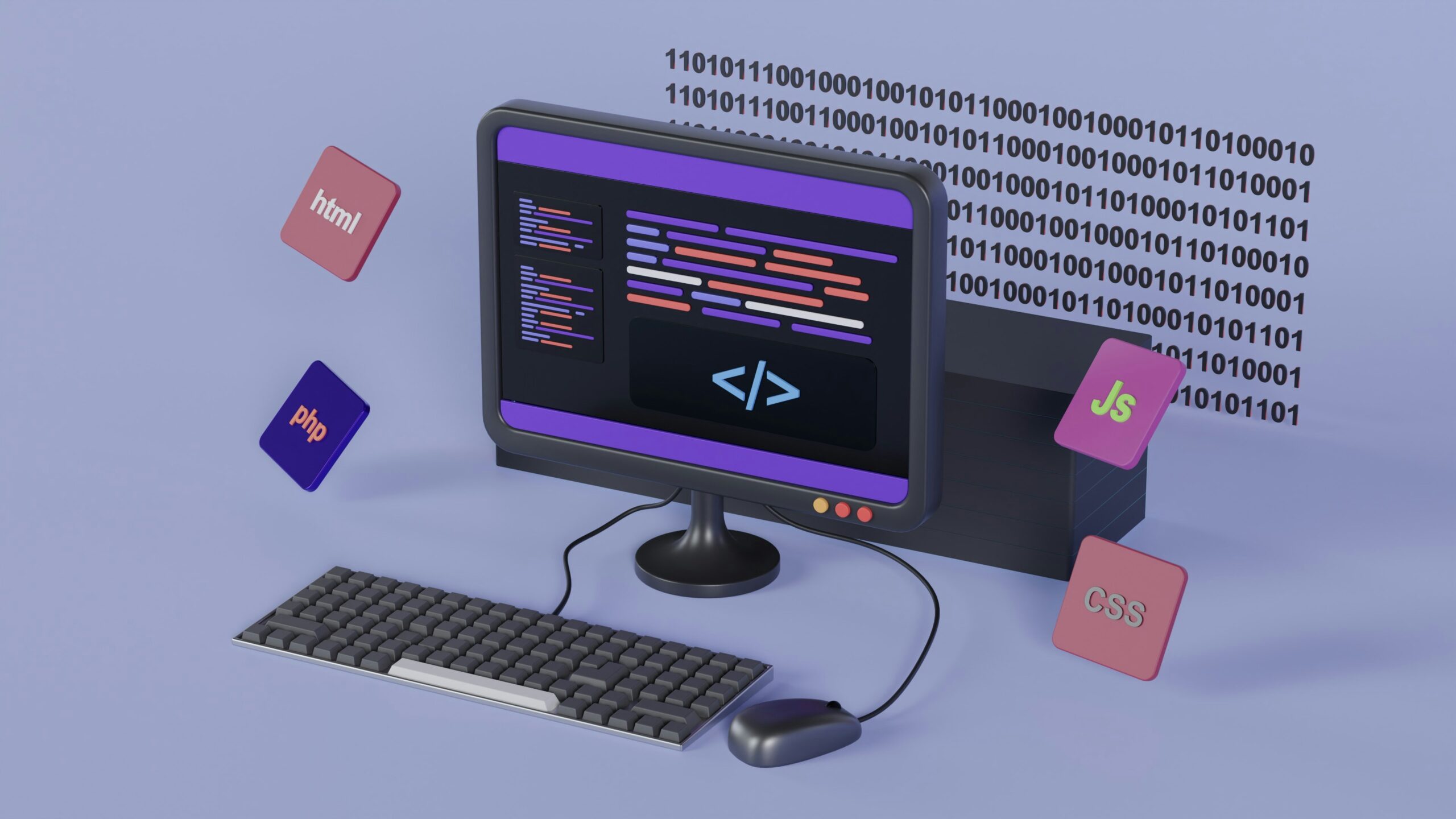 3D illustration of software integration showing a desktop monitor with code, keyboard, and floating icons for HTML, PHP, JavaScript, and CSS, symbolizing connected programming languages and data exchange.